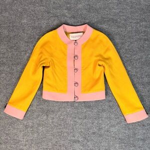 Valentino Yellow Contrast Pink Trim Virgin Wool Cropped Jacket Crystal Buttons